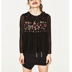 Zara embroidered floral long sleeve top
